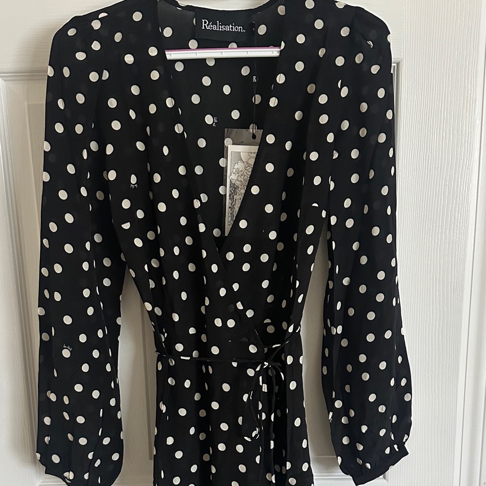 Réalisatión Par Black Polka Dot Classic Wrap Dress, brand new, size M